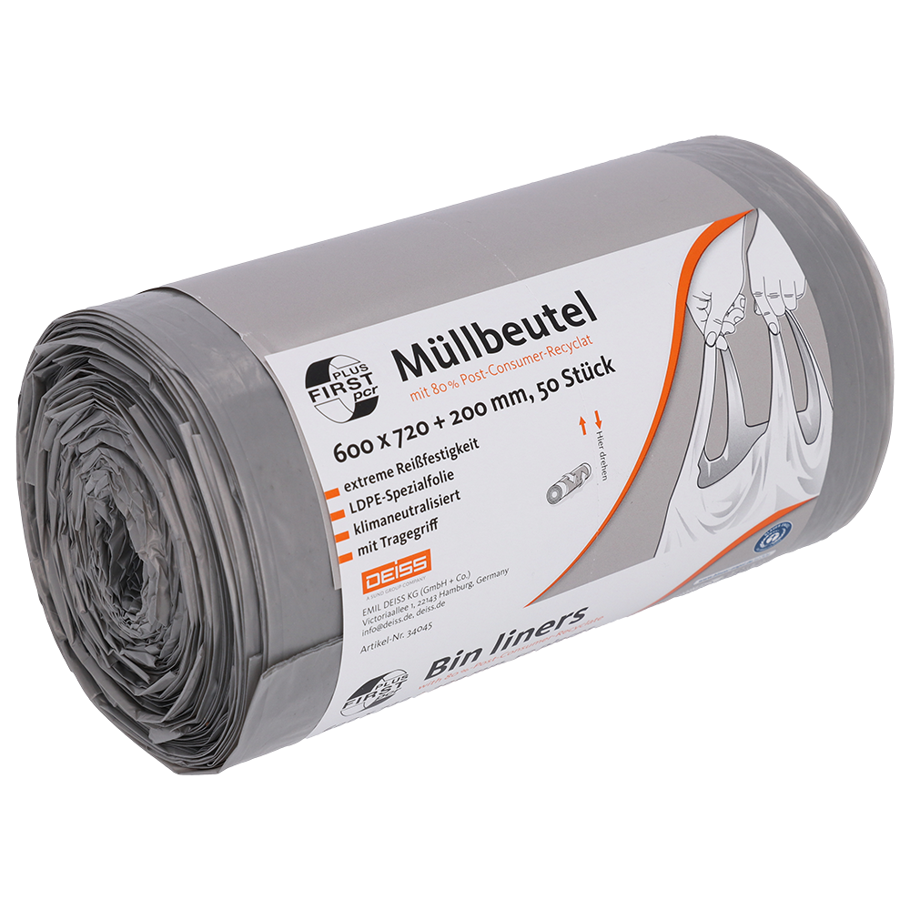 34045_Produktbild_FIRST_PLUS_PCR_Muellbeutel_Rolle_grau_L_oH_Web_DE_RGB